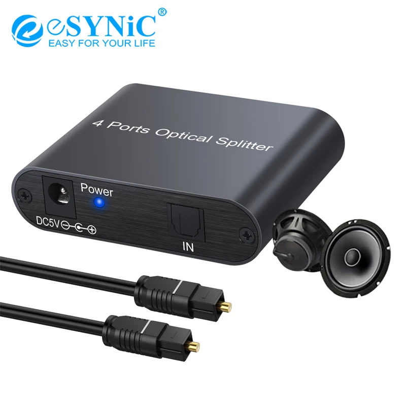 

eSYNiC 4 Ports Digital Optical Splitter 1x4 Digital SPDIF Toslink Optical Fiber Audio Splitter 1 in 4 Out For PS3 Xbox DVD HDTV