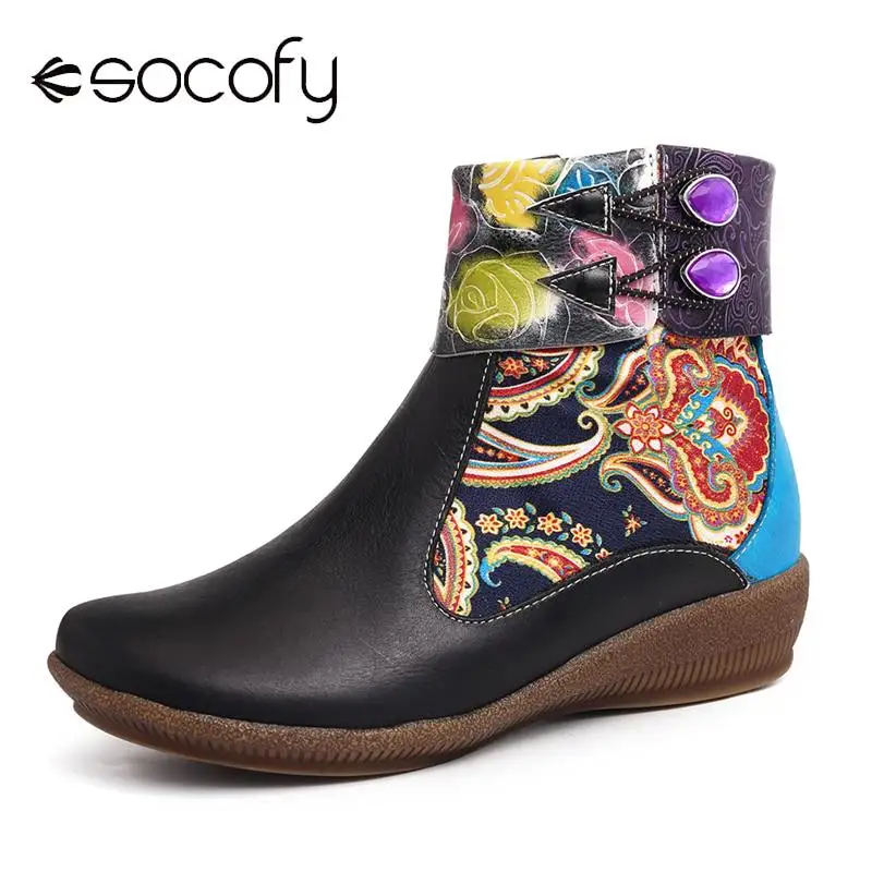 SOCOFY botas mujer; удобные черные ботильоны из натуральной кожи на плоской подошве в стиле ретро с рисунком розы; женская обувь на каблуке; вечерние зимние ботинки; коллекция года
