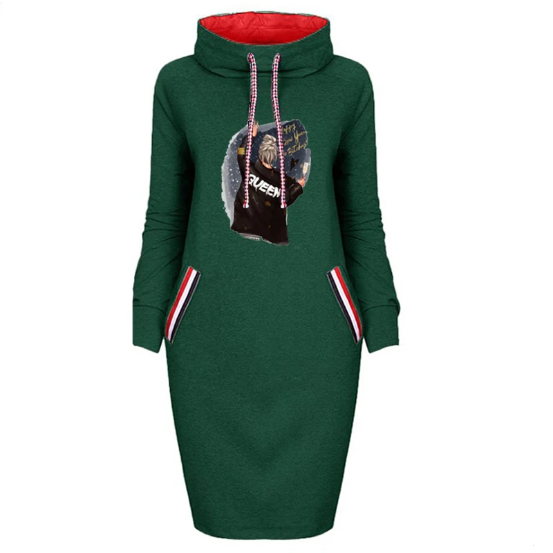 

Women Dress Queen Letter Cartoon Print Fake Pocket Long Sleeve Thin Bodycon Dresses Casual Vintage Woman Party Vestidos 2021 New