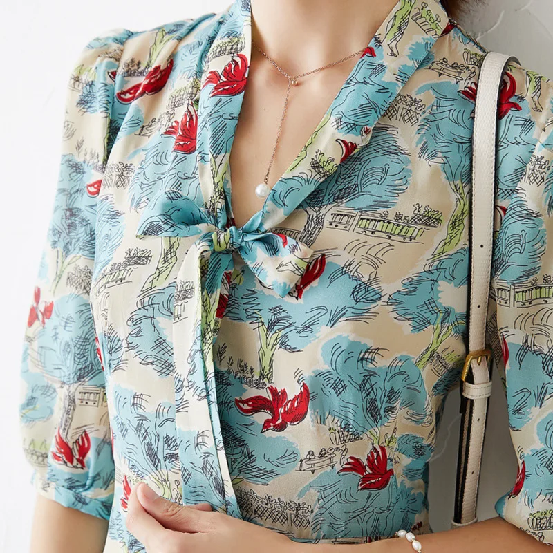 

New Bird printed silk dress with lace up collar and V neck