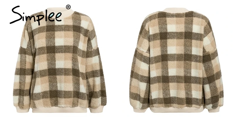 Simplee Casual lambswool plaid women hoodies sweatshirts O neck pullover loose female sweatshirt Autumn winter ladies warm coat
