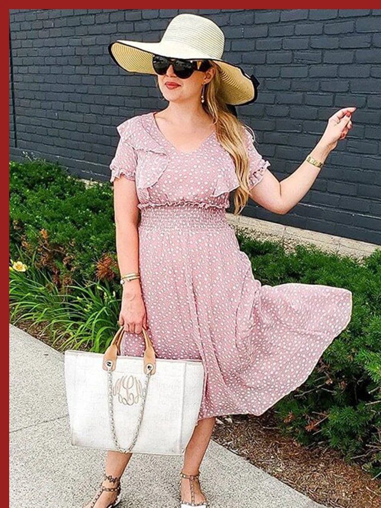 Sheinside Boho платье с v-образным вырезом и цветочным принтом для женщин, лето, рукав-волан, высокая талия, трапециевидные платья, женское платье миди в стиле бохо