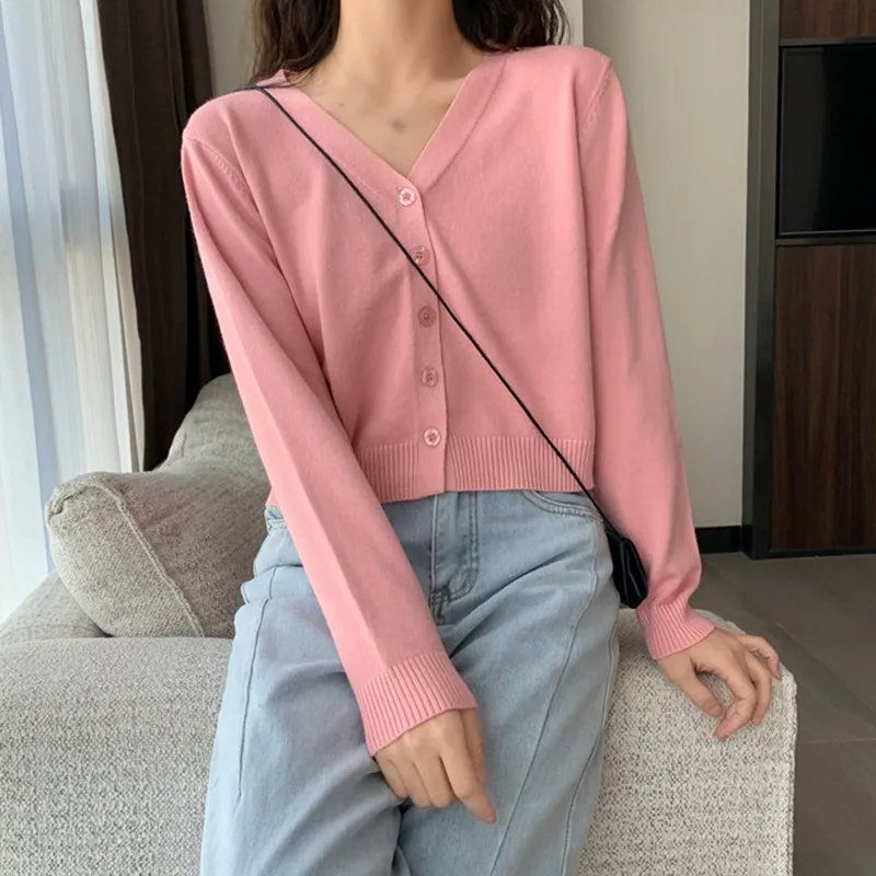 

Women Knitted Cardigan Fashion Summer Autumn Thin V Neck Solid Long Sleeve Chic Sweater Outerwear