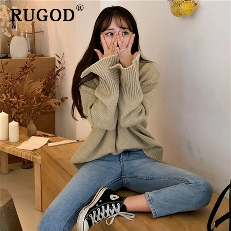RUGOD 2019 корейский свитер женский элегантный с v-образным вырезом плотный зимний