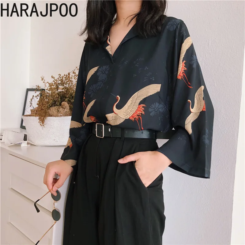 

Harajpoo Women Shirt Printed 2021 Spring Autumn Korean Harajuku Style Ins Loose Vintage Design Fashion Long Sleeve Female Blouse
