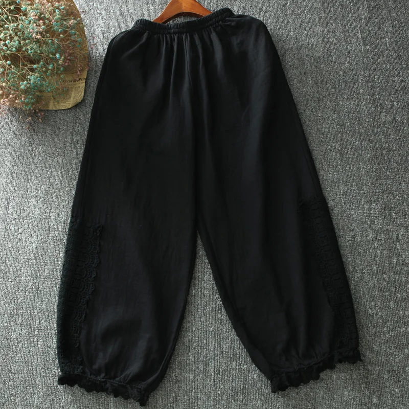 

flower thickening harem pants women loose nine-point Women's autumn winter retro literary elastic waist hook