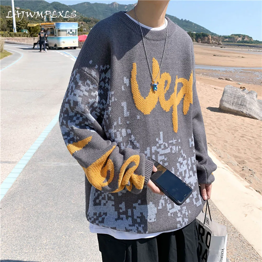 

Winter Sweater Men Thicken Loose Letter Knitted Sweater Student Tops Clothes Autumn Round Neck Pullover Long Sleeve Men