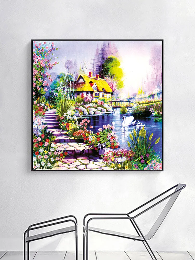 

DIY Embroidery Ribbon Painting Swan Lake Handmade decorative Painting for Living Room ,Cross Stitch Kit,Wall Art,