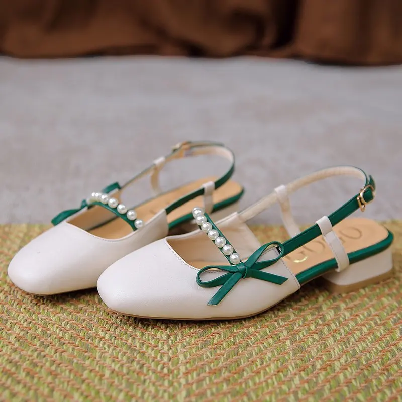 

Wohdhe Women Butterfly-knot Narrow Band Leather Square Toe Summer Sandals Chunky Square Heels 4cm Lady Office Shoes Elegant