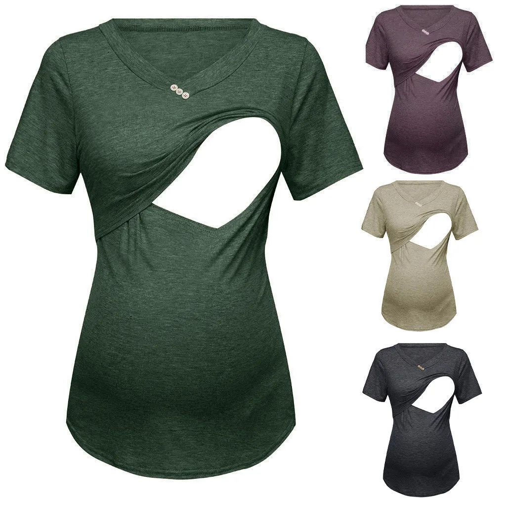 

Women's Short Sleeve Pure Colour Tops Breastfeeding Nusring Maternity Clothes pregnant blouse maternity clothes summer New