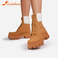 karinluna fashion hot sale female chunky heels cross tied boots platform round toe lace up solid ankle boots women