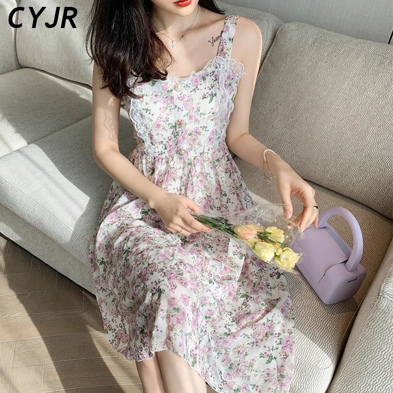 

Sleeveless Vintage Beach Dress Female High Street Kawaii One Piece Dress Korean 2021 Summer Elegant Cute Mini Floral Dress Women