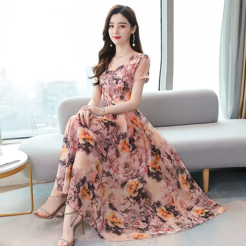 

WEPBEL Ice Silk Print Dress Women's 2021 Summer Elegant Short Sleeve Vestido Sundress Party Evening Dress