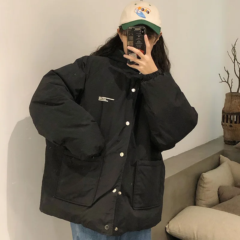 

Women Parkas Hooded Single Breasted Solid Reversible Designer Oversize Bread Coat Outwear Warm Ulzzang Chic Casual Ladies Winter
