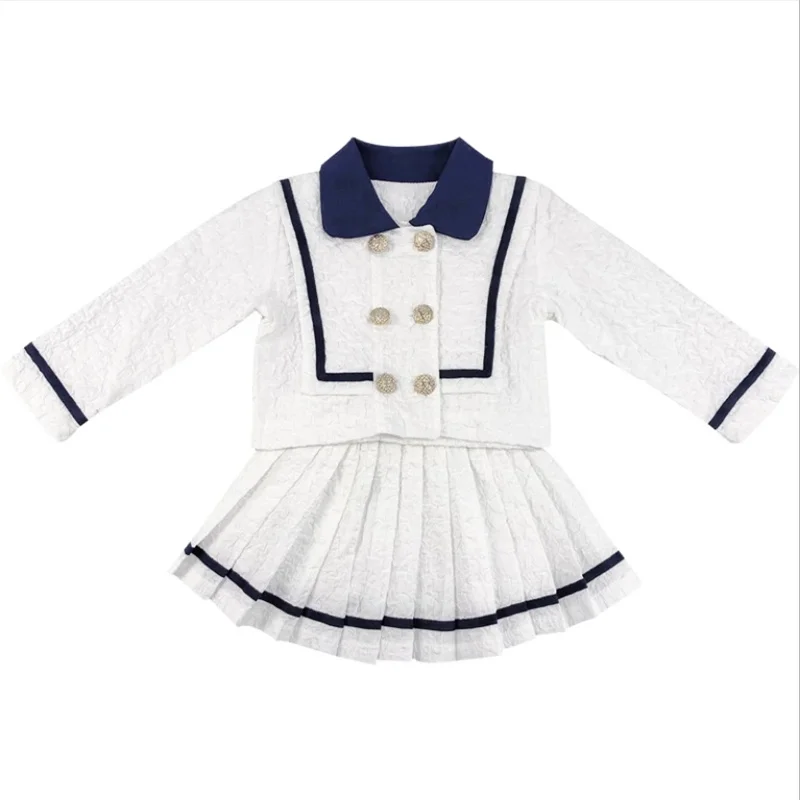 

Spring Autumn fashion girls thin sailor coolar coat and pleated skirt 2pcs sets children white party clothes outfits