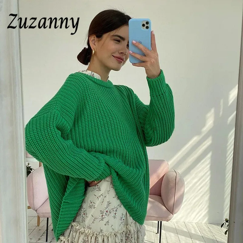 

Zuzanny Green Kitted Pullovers Women Autumn Long Sleeve O Neck Oversize Sweaters Blue Casual Winter Jumper Tops Plus Size 2021