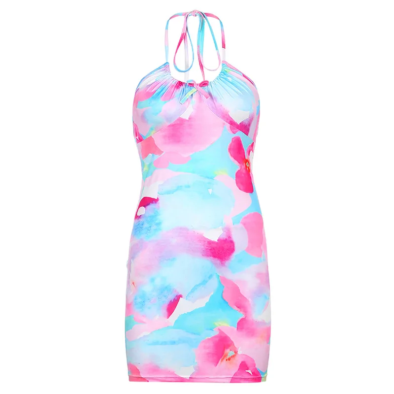 

Women Clothing Beach Tunic 2021 Outing Summer Suit For Dress Sexy Leisure Bump Color Print Micro Fold Neck Slim Polyester