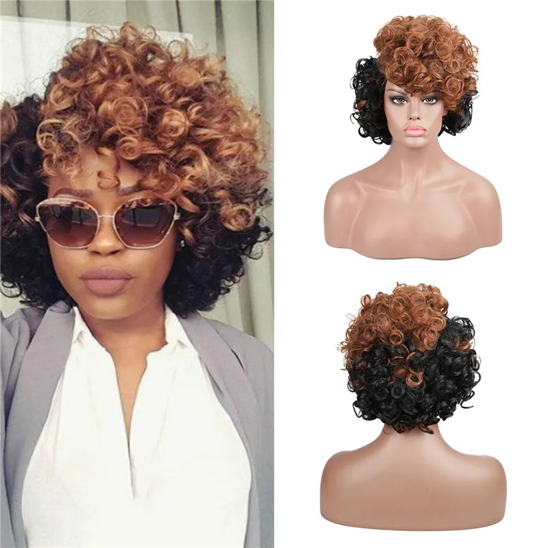 

Lady Short Brown Black Mixed Wavy Curly Wig Synthetic Wig With Side Part Bang For Women Daily Party Use Nature Looking