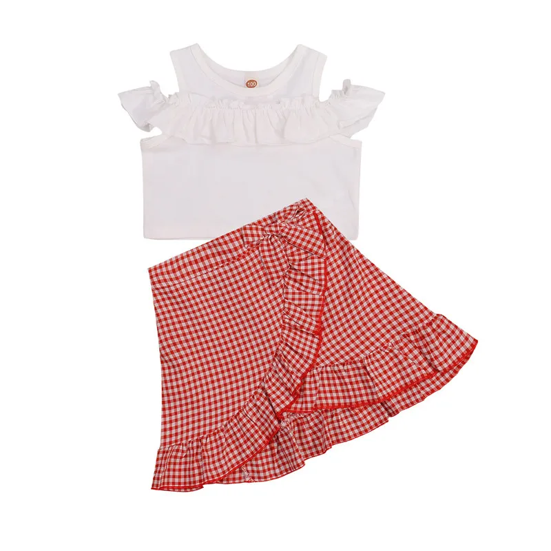 

Girls Summer Outfits Off Shoulder Flounce T-shirts Top+Plaid Ruffle Skirt for Children Girl Casual Vacation2PC Clothing