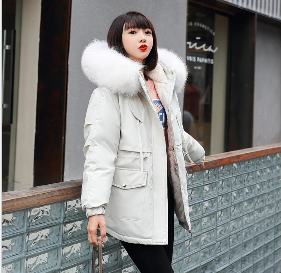 

Lady Pink Blue Fur Collar Hooded Winter Down Jacket Women 90% White Duck Down Thick Warm Parka Female Long Snow Coat Green Coats