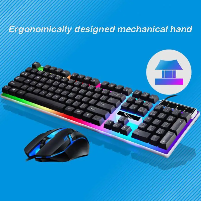 

USB Wired Keyboard Mouse Set Rainbow-Color Backlight For Laptop Computer PC