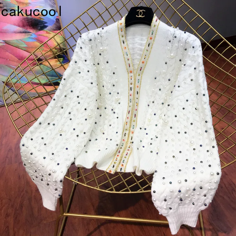 Женский свитер с жемчугом Cakucool свободный дизайнерский джемпер V образным вырезом