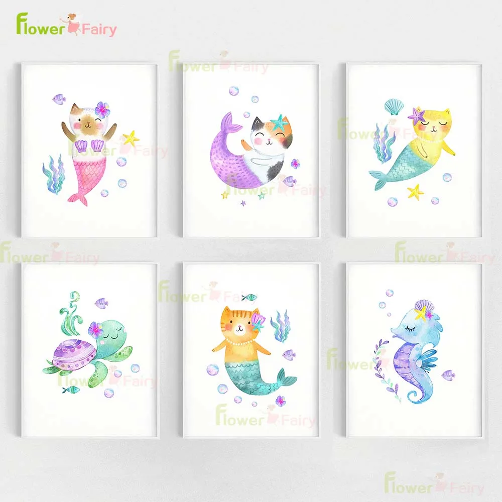 

Cartoon Mermaid Nursery Baby Girl Nordic Poster Wall Art Canvas Painting Wall Pictures For Living Room Home Decor Unframed