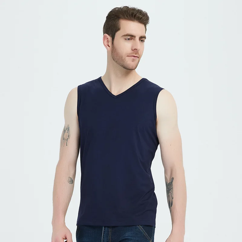 

MRMT 2023 Brand New Summer Men's Vest Markless Pure Modal Ice Silk V-neck Vest for Male Solid Color Round Neck Tops Vest