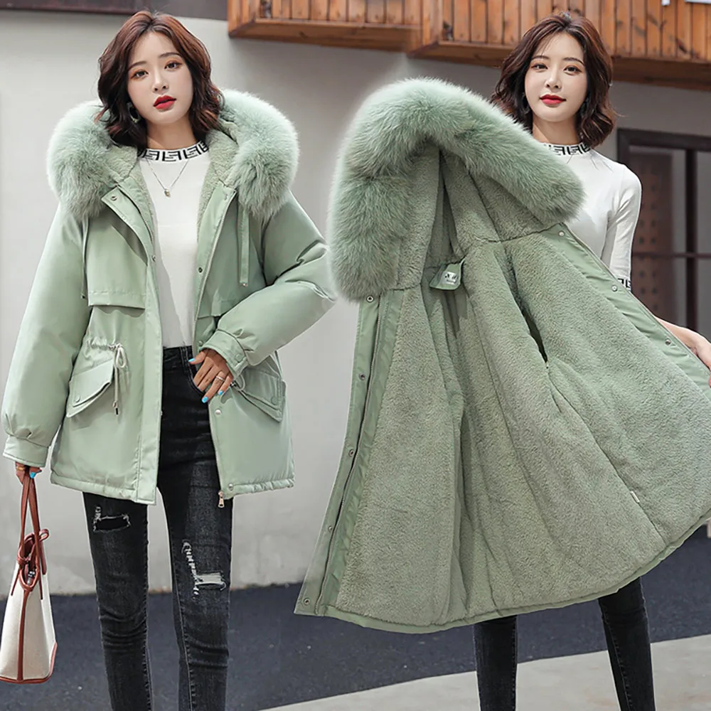 Vielleicht 2021 New Women Jacket Parkas Winter Cotton Paaded Hooded Coat Women Winter Clothing Female Fur Liner Long Jacket Coat