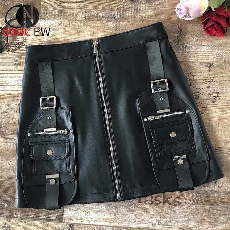

Punk Genuine Leather Mini Skirts Women Street High Waist A-Line Work Skirts Black Front Zipper Casual Sheepskin Wrap Skirts