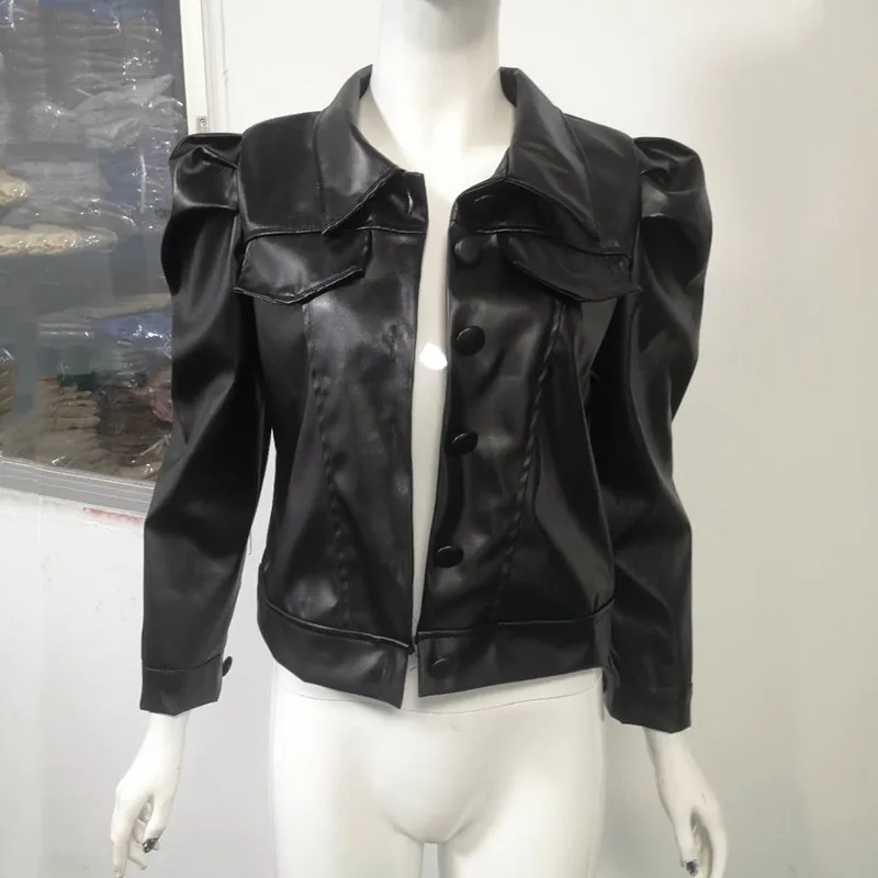 

2020 Fashion Autumn Women Faux Leather Jacket Solid PU Black Turndown Collar Slim Punk Short Jackets Coat With Button Outerwear