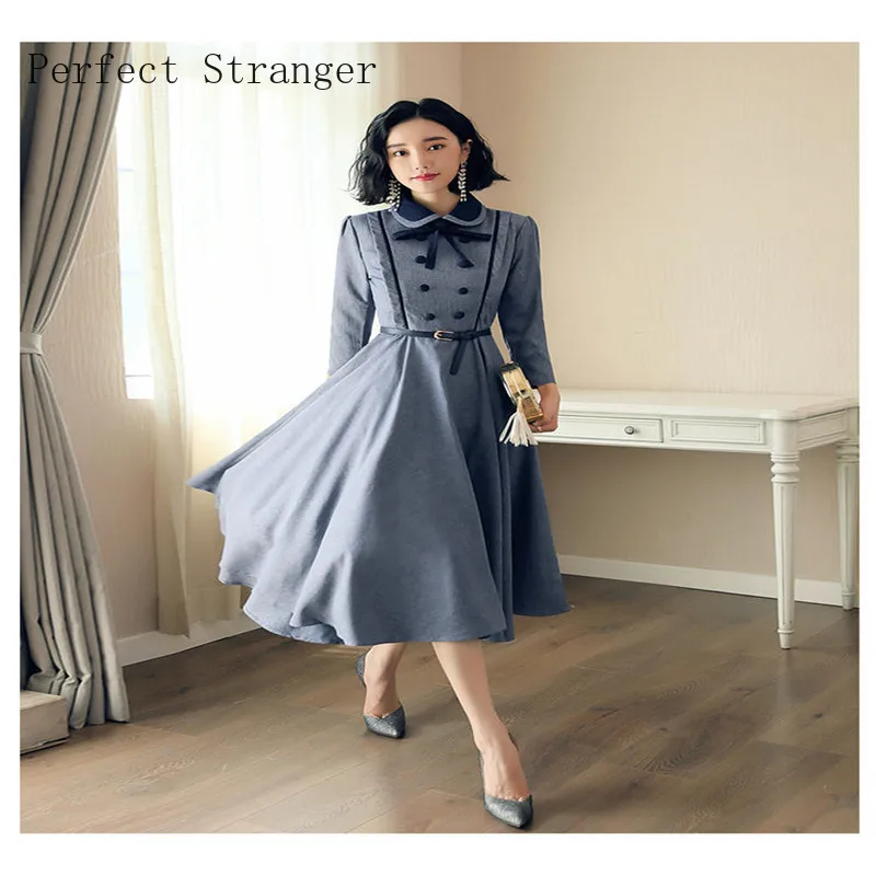

2021 Spring Autumn New Arrival High Quality Plus Size S-3XL Retro Peter Pan Collar Bowknot Women Long Dress With Belt