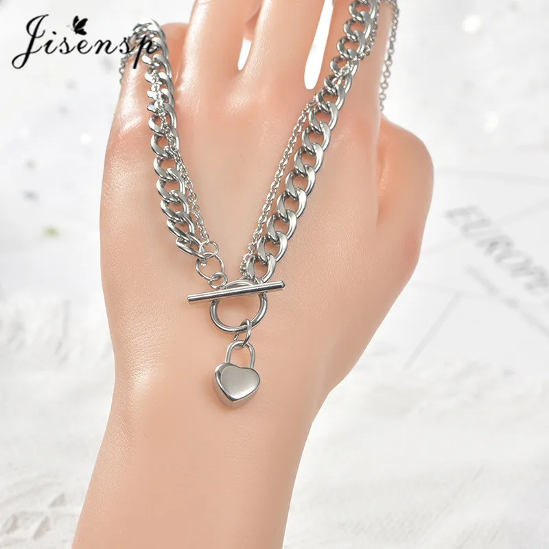 

Jisensp Vintage Lock Shape Heart Pendant Necklace for Women Punk Stainless Steel Coarse Chain Chokers Necklace Party Jewelry