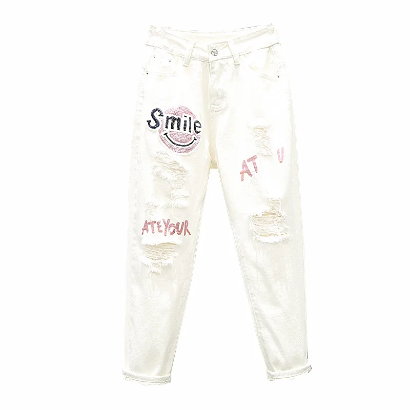 

Spring Autumn New White Jeans Women's Nine-minute Pants Slim Hallen Pants Sequins Bronzed Hole Denim Trousers Students