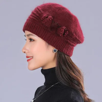 wine red Hat Mother's Nnew Year Gift Rabbit Knit Cap Scarf The Elderly Women's Autumn And Winter Warm Hat Scarf Female Winter Hat Twinset - Цвет: wine red Hat