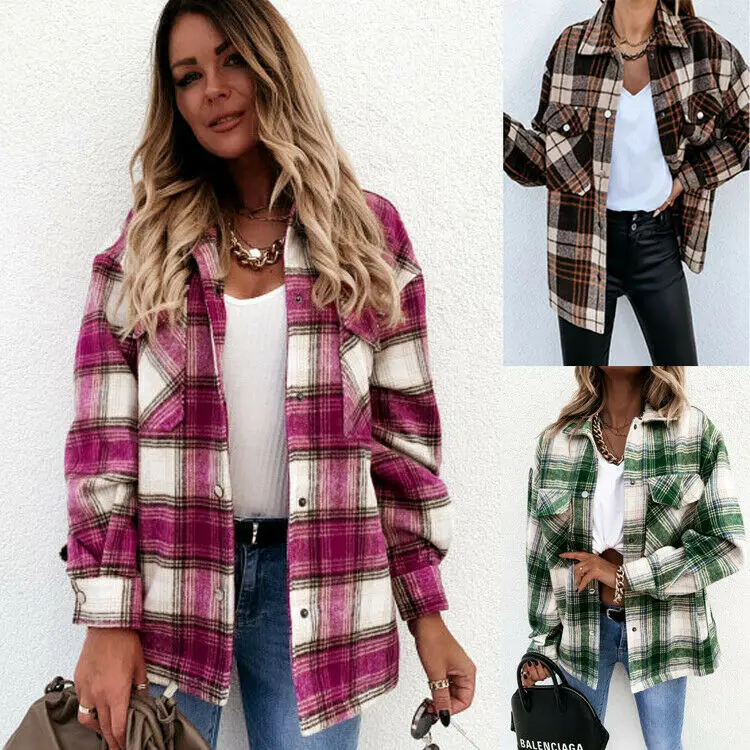 

Womens Ladies Fleece Checked Plaid Shacket Jacket Winter Button Coat Outwear Top