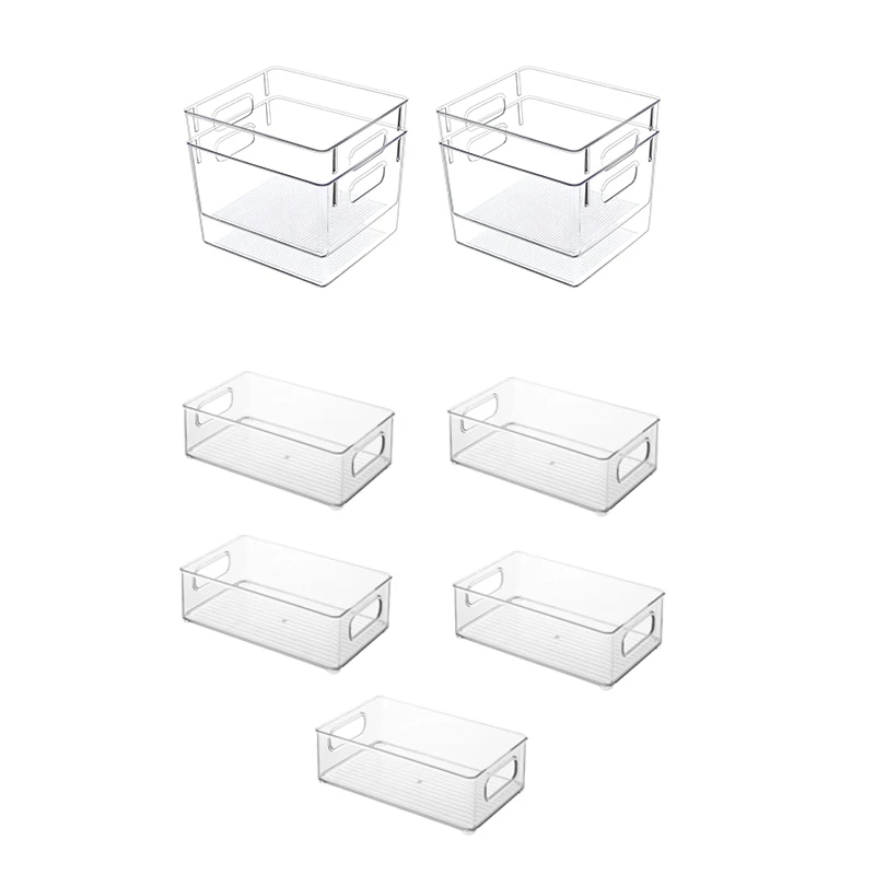 

4 Pack Clear Plastic Storage Bins With Handle & 5X Refrigerator Organizer Bins With Cutout Handles
