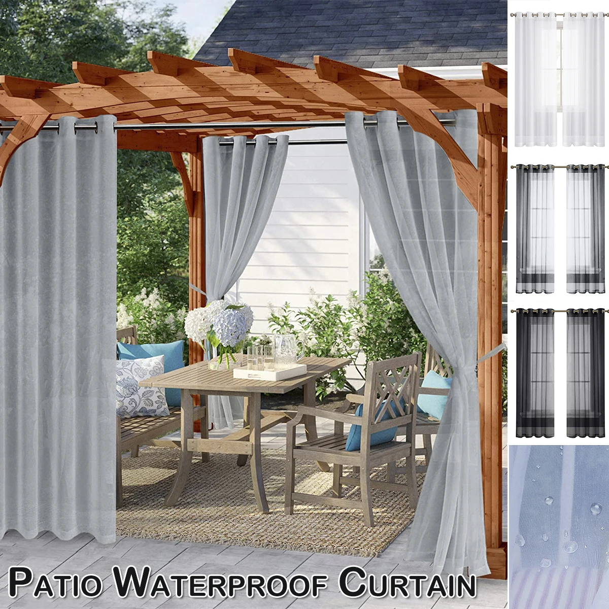

3 colors Patio Curtain Outdoor Garden Screening Voile Sheer Curtain Water Resistant Window Sheer for Beach Garden Gazebo Decor