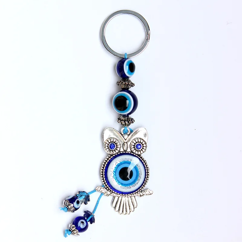 Llavero Feng Shui de ojo malvado para coche, colgante de la suerte, percha de borla de protección, cristales, decoración para habitación, Ojo de búho azul turco