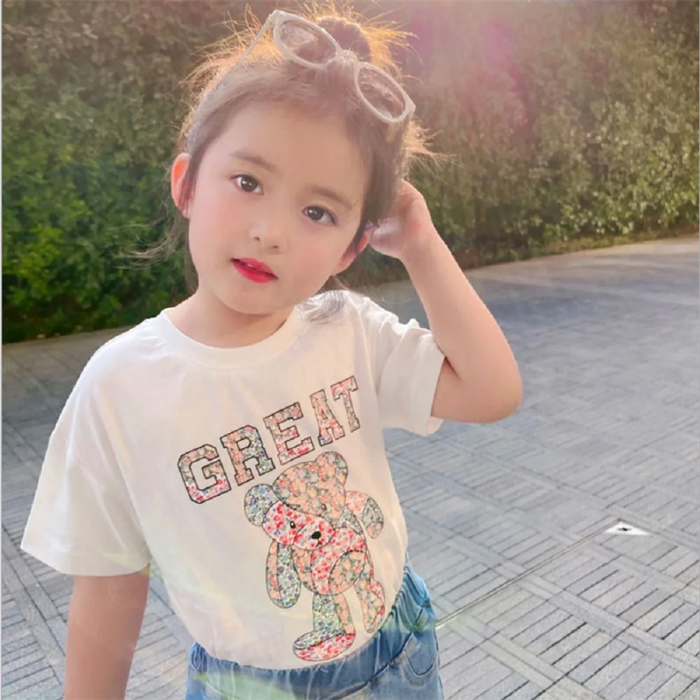 

Summer New Clothes Girls Cartoon Bear Top Short Sleeves Floral Print Party Casual T-Shirt Children Cotton Tops