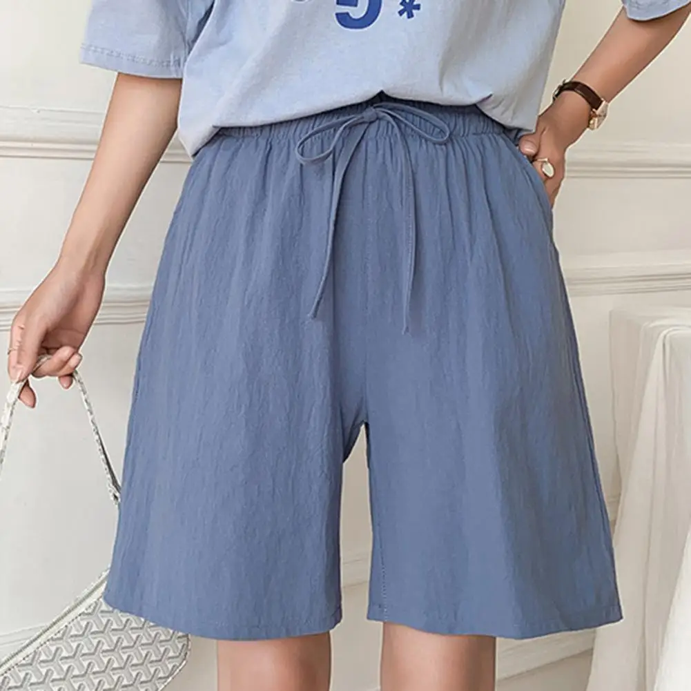 

Summer Lady Casual Shorts Solid Color All-match Bottoms Loose Side Pocket High Waist Short Trousers for Home Lady Bandage Shorts