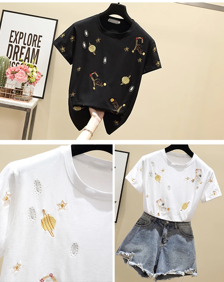 

Houthion Women's Embroidered T-shirt Fashion Top Short Sleeve Plus Size Tshirt New Korean Loose Solid Cotton T Shirt O-neck