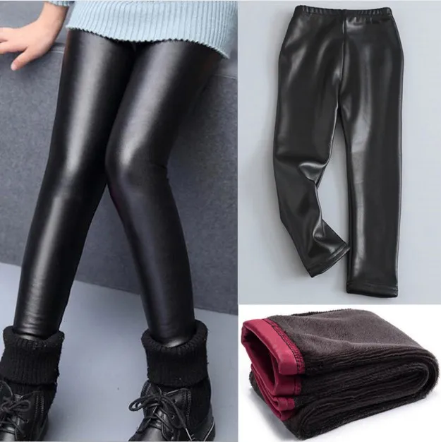 Детские теплые брюки леггинсы из искусственной кожи Леггинсы для маленьких