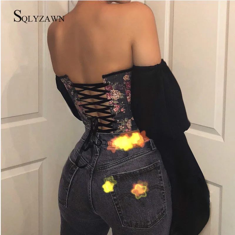 Женский винтажный корсет с открытыми плечами черный облегающий длинными