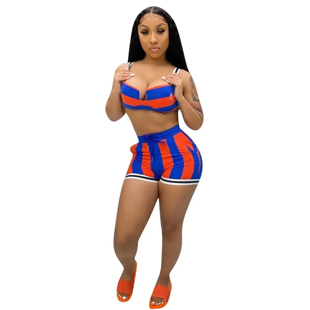 

sexy skinny women 2 pieces outfit sleeveless crop bra top + high waisted biker shorts sets street club fashion tracksuit