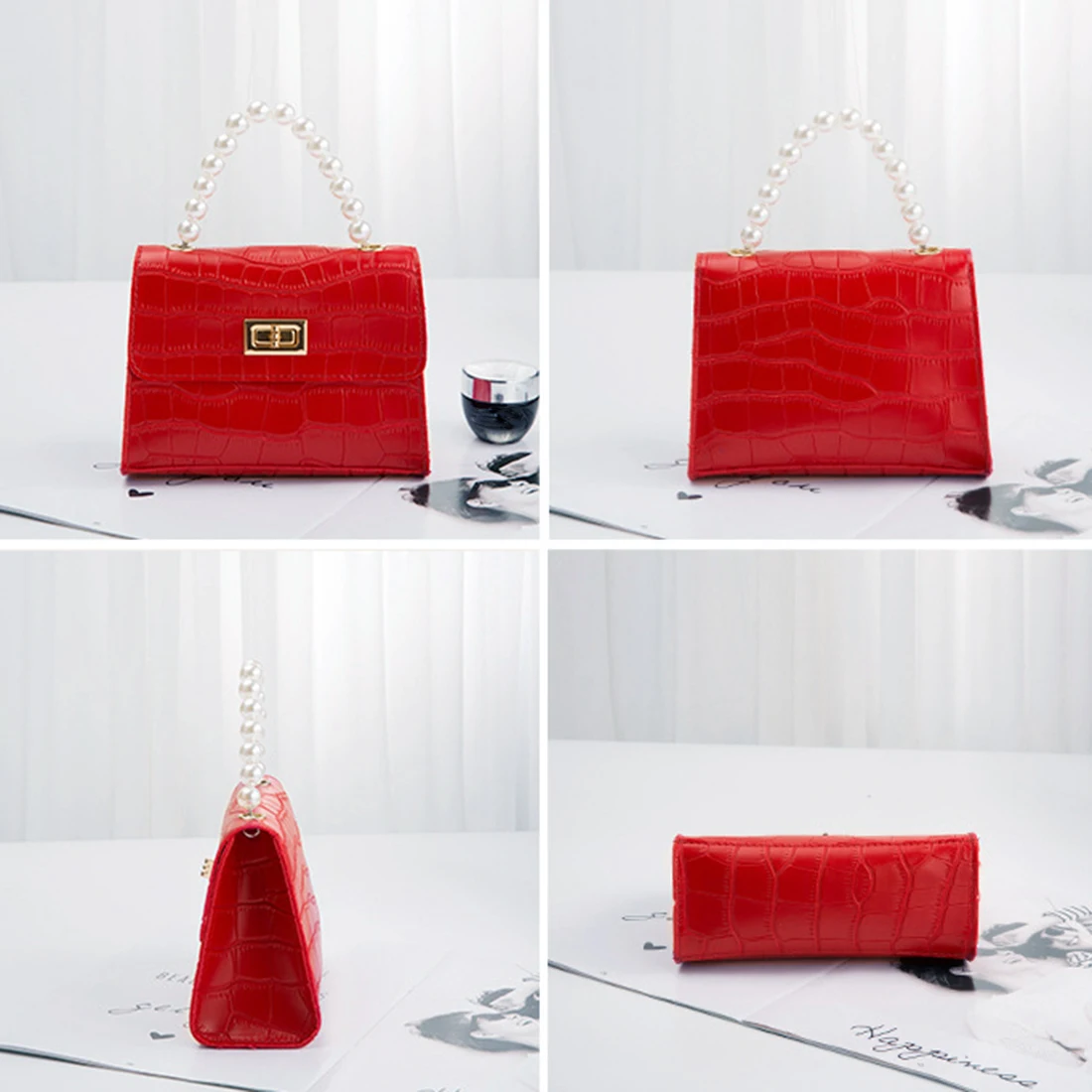 

Women Mini Handbag Elegant Shoulder Messenger Portable Chain Bag Girl Pearl Crocodile Pattern Tote Square Small Crossbody Bags