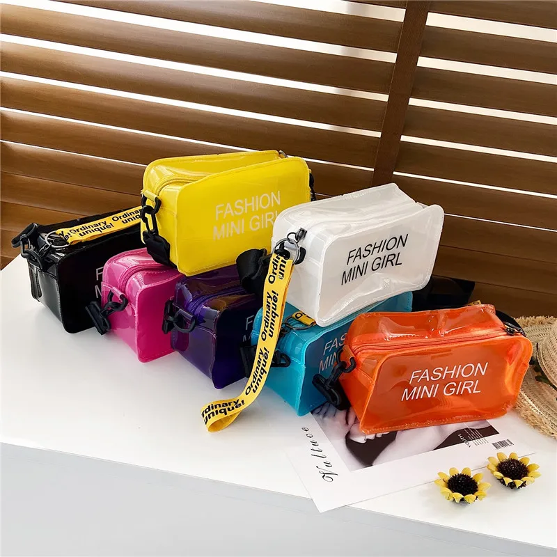 

Mini Jelly Transparent Crossbody Bag See-Trough Shoulder Purse Letter Prints Square Bucket Shape Adjustable Strap Girl Beach Bag