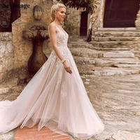 sevintage chic a line v neck boho bridal gowns lace wedding dresses with tail backless robe de mariee customize bride dress 2020
