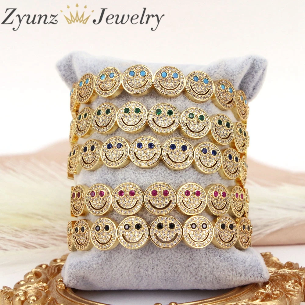 3PCS, Classic Charm Open Cuff Bracelets & Bangles For Women Round Gold Color Crystal Smiley Face Bangles Jewelry Party Gift