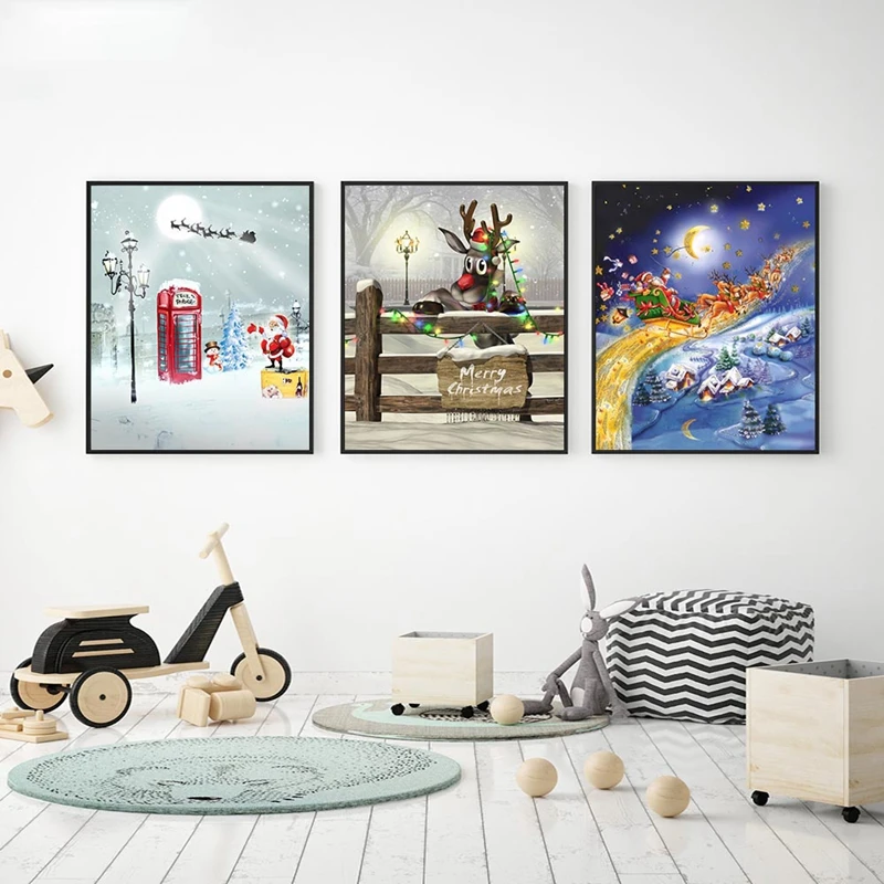 

Modular Pictures Nordic Style Poster Wall Art Merry Christmas Moose Snow Santa Claus Canvas Painting Kids Room Home Decor